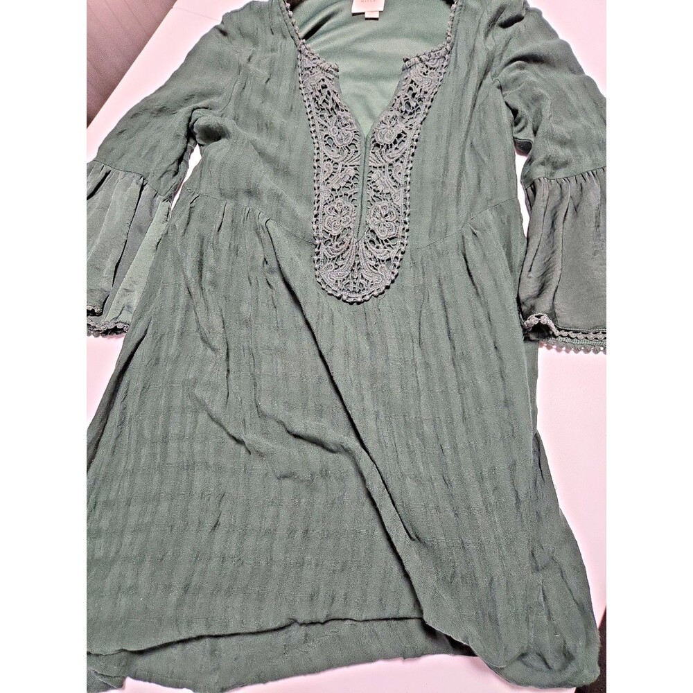 Knox Rose Womens Dark Green Boho Dress Size S Crochet Accents 3/4 Sleeve Cute!